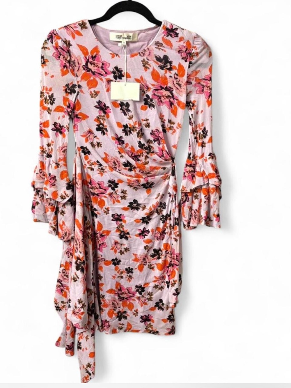 Floral Wrap Dress in Light Pink with Orange & Black Accents